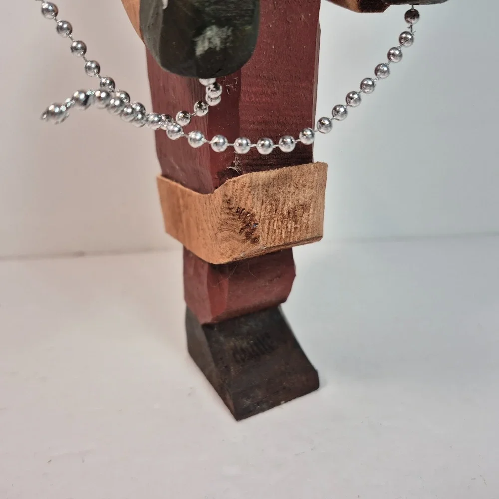 Hand Carved Folk Art Wood Santa Stringing Christmas Lights Signed JFS 11